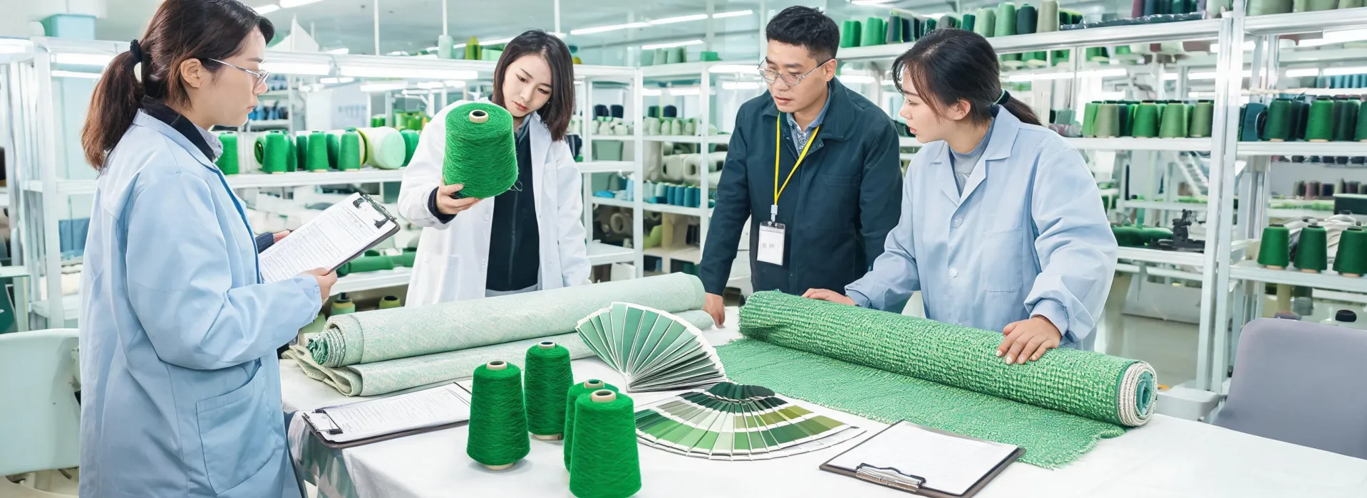 Textile quality team reviewing yarn and fabric lots